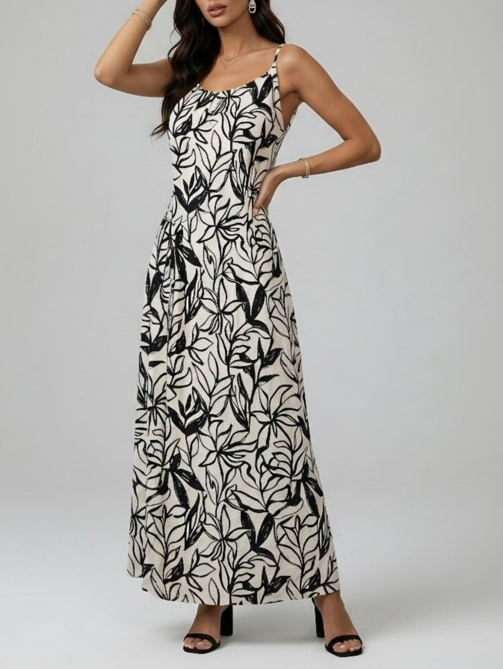 Sam Edelman Cream Maxi Dress with Black Leaf Print
